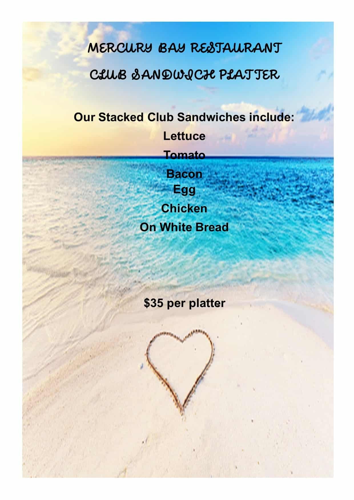 Club Sandwich Platter menu — stacked club sandwiches with lettuce, tomato, bacon, egg & chicken on white bread