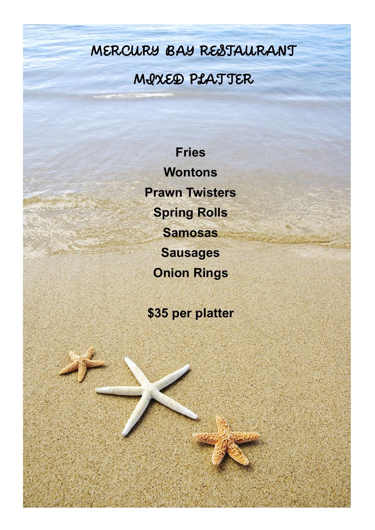 Mixed Platter menu — fries, wontons, prawn twisters, spring rolls, samosas, sausages & onion rings