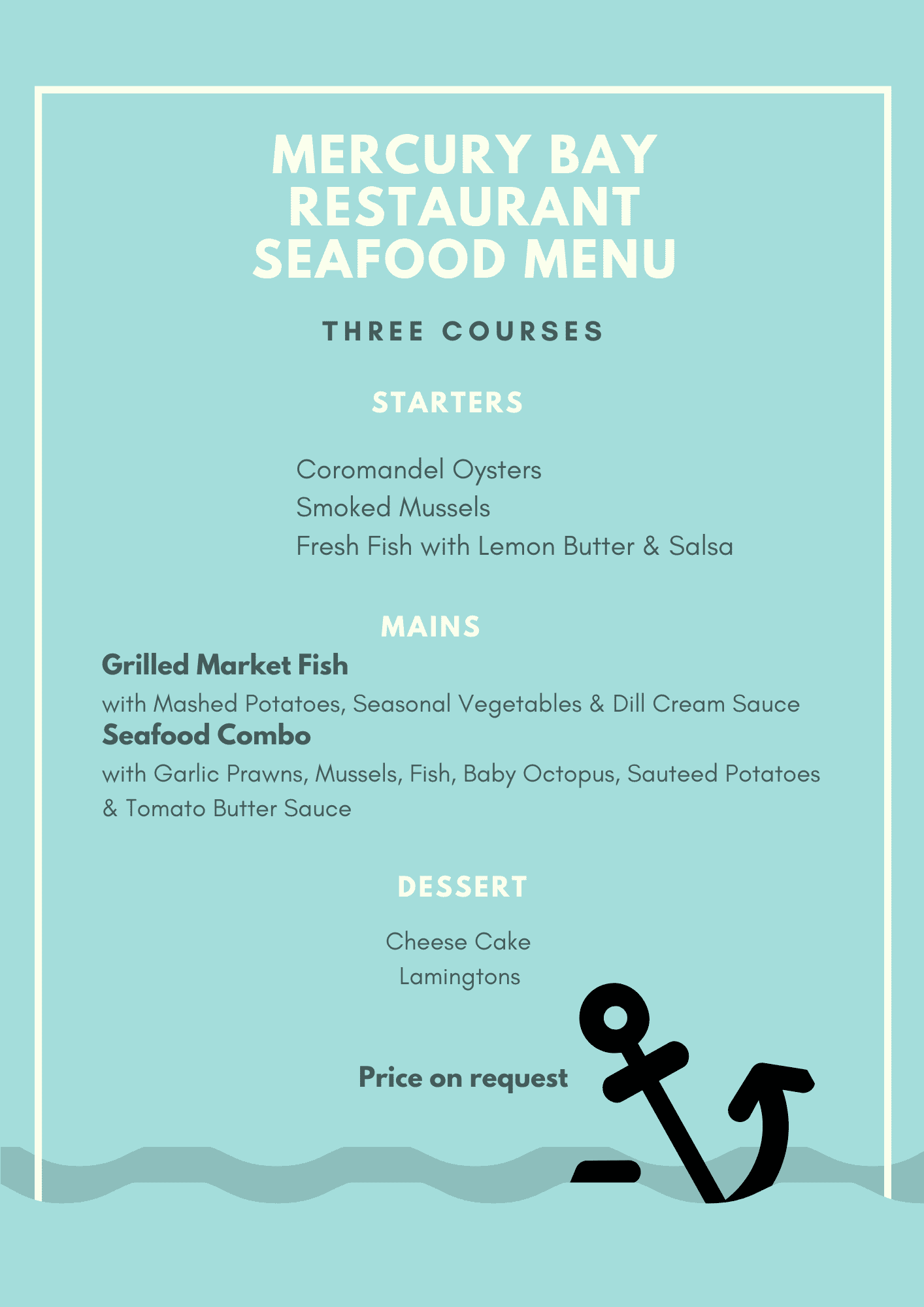 Seafood Menu — three-course menu with Coromandel oysters, smoked mussels, grilled market fish & seafood combo