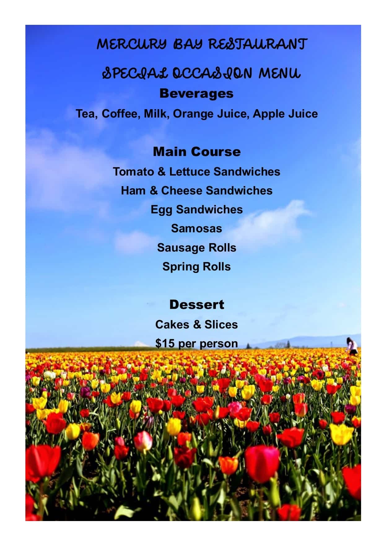 Special Occasion Menu — beverages, sandwiches, samosas, sausage rolls, spring rolls & dessert