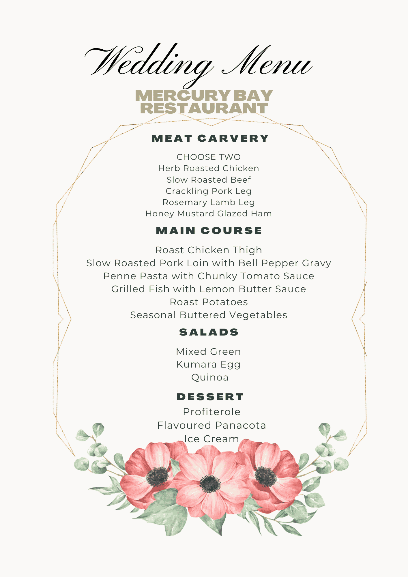 Wedding Menu — meat carvery, main course, salads & dessert options for wedding functions